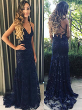 Charming Dark Blue Lace Prom Dress Backless Mermaid Evening Gown Dress